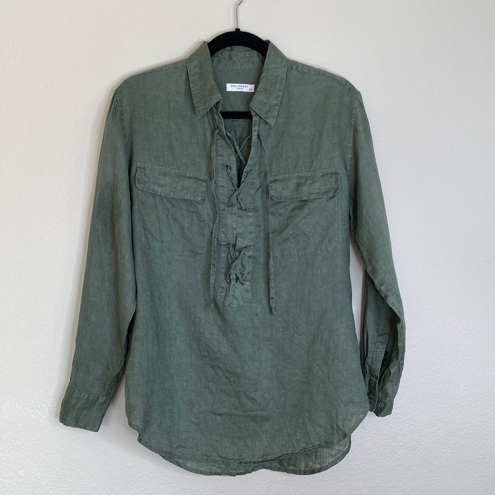 Equipment green linen lace front blouse long sleeve small EUC
